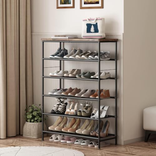 Image of INGIORDAR Shoe Rack Organizer 6 Tier Metal Organizer Shelf with Industrial MDF Board and Layer Fabric for Entryway Closet Bedroom Living Room Garage,Black & Rustic Brown (Black+Rustic Brown, 6 Tier)