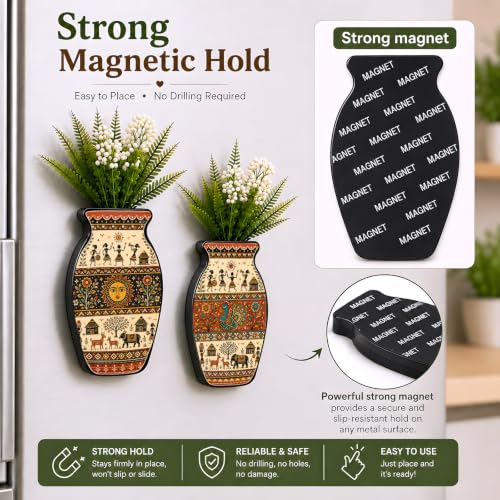Image of Regalo Casila Magnetic Artificial Flower Vase Fridge Magnets Set of 2 Warli Painting Peacock Sun Tribal Folk Art Refrigerator Kitchen Home Office Decor Housewarming Gift