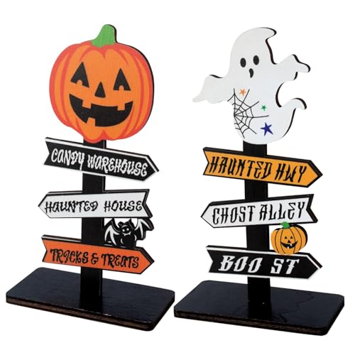 AWAVM Halloween Table Decorations Set of 2 Wooden Pumpkin Ghosts Gravestones for Halloween Party