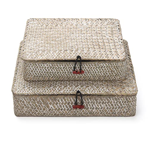 Whitewash Seagrass Storage Baskets with Lid Rectangular Organization Wicker Shelf Box Natural Woven Stackable Set of 2 (Large+Small) - Cosy Home Interiors Whitewash Seagrass Storage Baskets with Lid Rectangular Organization Wicker Shelf Box Natural Woven Stackable Set of 2 (Large+Small) - Image 2