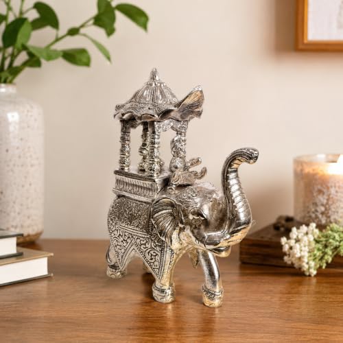 Image of eCraftIndia Silver Finish Decorative Elephant Ambabari Showpiece | Royal Elephant Figurine for Home Decor | Lucky Feng Shui Statue for Living Room, Office, Tabletop & Gift