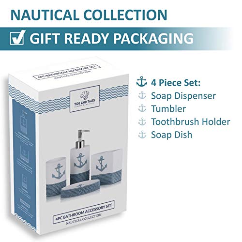 TideAndTales Luxury Nautical Bathroom Accessories Set (4 Piece) Rope and Anchor Beach Bathroom Decor with Ocean and Sea Theme Design, Countertop Coastal Soap Dispenser Set - Image 7