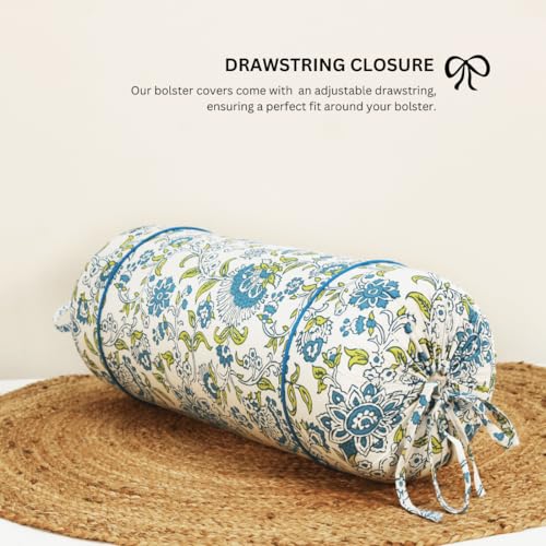 Image of AURAVE Cotton Printed Floral Bolster Cover with Drawstring Closure, Set of 2, Soft Breathable Durable Machine Washable for Sofa Bed & Home Decor, 15 inchx30 inch, Blue | Cover Only
