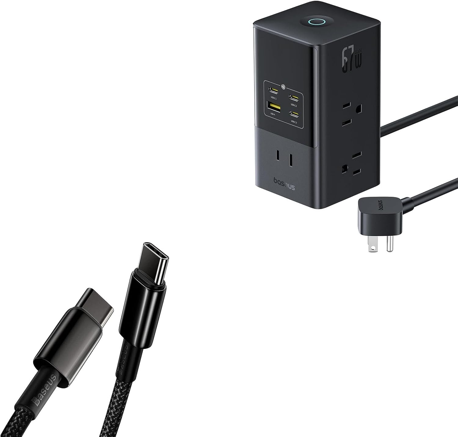 Baseus Charging Station 67W, 10-in-1 USB-C PD Fast Charging Desktop Charger with 1200J Surge Protection and Baseus USB C Cable, 100W PD 5A QC 4.0 Fast Charging USBC to USBC Cable