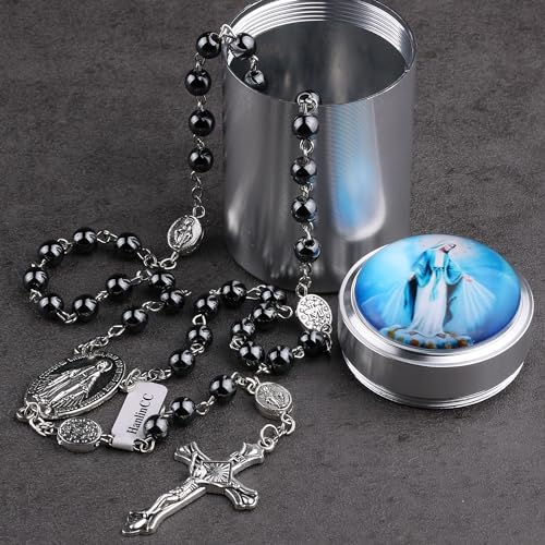 HanlinCC 6mm Black Hematite Stone Beads Miraculous, Lourdes, Guadalupe, St.Michael, Scared Heart Jesus Catholic Rosary Necklace with Metal Gift Box for Men and Women2