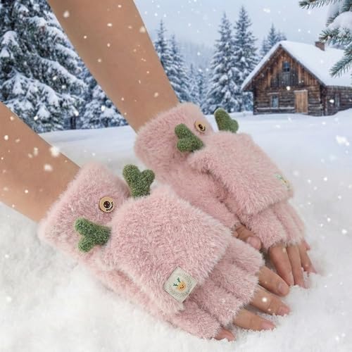 Image of Kraptick Women's Cute Reindeer Plush Convertible Fingerless Gloves - Winter Warm Fluffy Flip-Top Mittens - Korean Style Soft Hand Warmers for Girls & Ladies (Free Size, White)-3