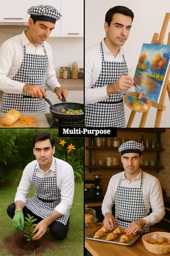 Image of Switchon Checkered Cotton Kitchen Cooking Apron with Chef Hat - Pack of 2 | Multi-Purpose Chef & Waiter Apron for Men & Women | Home, Hotels, Restaurants & Cafes | Proudly Made in India