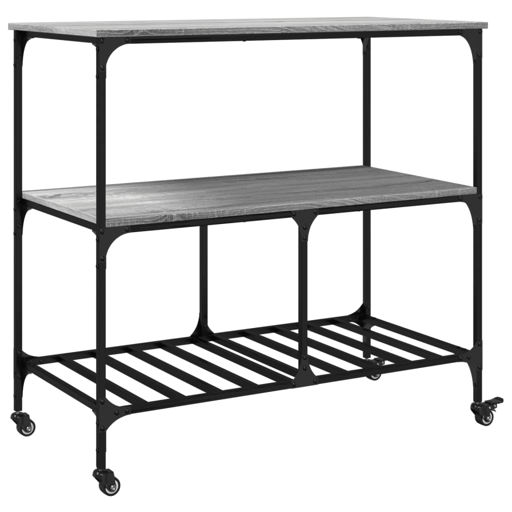 vidaXL Carrito de Cocina, Estante de Almacenaje, Carro de Servicio Comida, Carrito para Salón Baño Estudio, Madera de Ingeniería Gris Sonoma