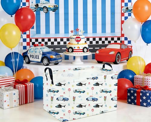 Image of Sanjiaofeng Rectangular Police Car Storage Basket,Boys Toy Storage Bin,Nursery Hamper,Kids Storage Basket with Handles for Car Decor,Home Organizer,Books Box,Gift Baskets(Police Cars)