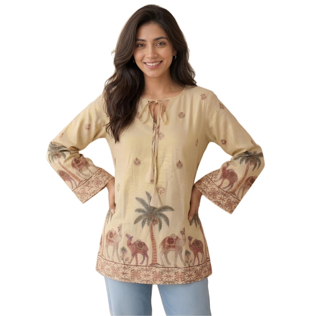 Women's Pure Cotton Kalamkari Printed Tunic Top | Camel Motif Bell Sleeve Short Kurti with Front Tie & Tassels (Off-White)-image-27