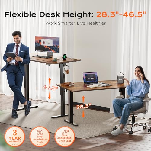 Image of Huuger 55 x 28 Large Electric Standing Desk with 4 AC Outlets, Type-C Port, Height Adjustable Computer Desk, 27.6 inch Deep Desktop, Stand up Gaming Office Desk, 3 Preset Heights, Rustic Brown
