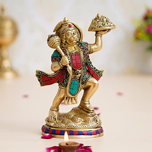 Image of eCraftIndia Golden and Colorful Stone Work Handcrafted Brass Lord Hanuman Statue Carrying Sanjeevani Mountain - Religious God Idol for Home, Office, Temple - Gift for Hanuman Jayanti Festival