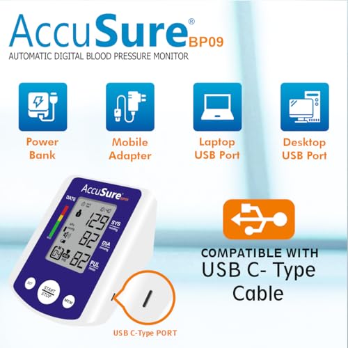 Image of AccuSure BP09 Digital Blood Pressure Monitor - Automatic Upper Arm BP Machine for Home Use, Large Display, WHO Indicator, Dual User Memory, Adjustable Cuff (22-40 cm), USB Type-C & Battery Powered | 2 Year Warrenty-WB