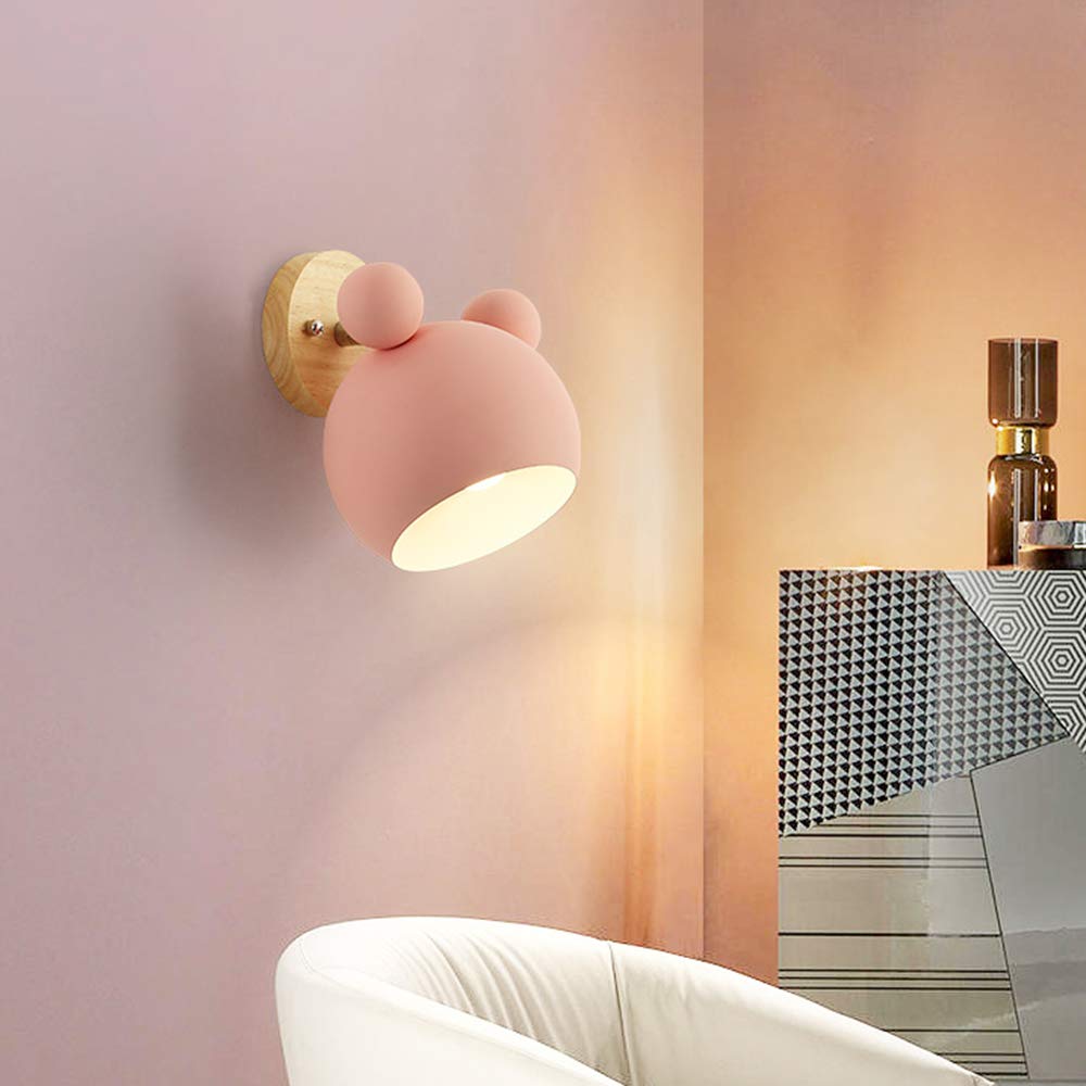 Mengjay Creativo cartone animato in legno Topolino applique da parete Nordic Macaron Lampada da parete a LED per bambini che leggono camera da letto comodino illuminazione E27 Luce da Muro (Rosa)