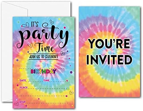 Tie Dye Birthday Party Invitations - Tie Dye Party Supplies - Fill in The Blank Birthday Party Invites - 20 Invitation Cards With 20 Envelopes (007A)