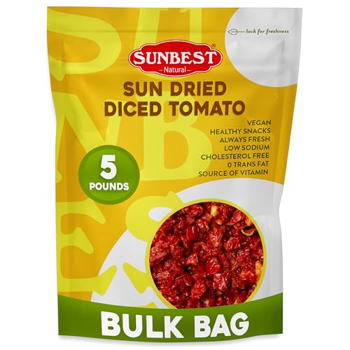 Sunbest Natural Diced Sun-Dried Tomatoes – 5 lb Bulk Bag (80 oz) – Intense &amp; Zesty Flavor – Non-GMO, Vegan, Kosher – Moist, Ready to Eat – Perfect for Snacking, Cooking &amp; Baking