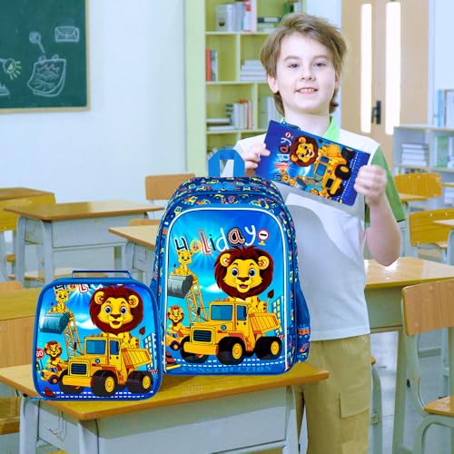 Image of HPJGD 3PCS Boys Excavator Backpack, Water Resistant Kids Digger Bookbag Set with Lunch Box, Cute School Bag for Preschool Toddler