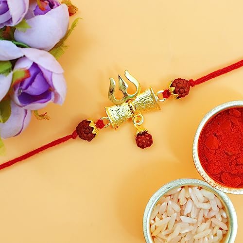 Image of JAIPUR ACE Premium Rakhi Gift Hamper Bhiya Bhabhi Evil Eye Rakhi with Shagun Mithas Kesar Misri and Roli Kumkum Perfect for RakshaBandhan Celebration with Brother /Bro (Mahadev Trishul Rakhi)