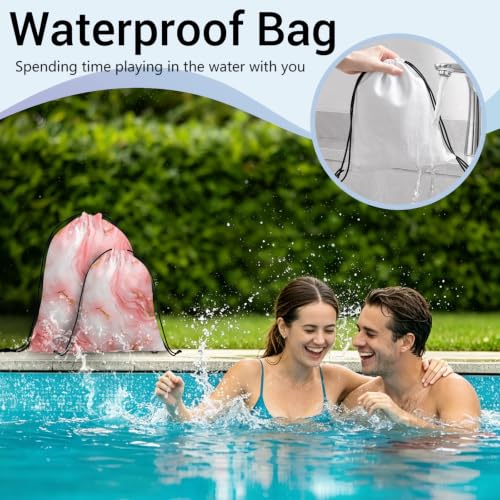 Image of Pink Marble Drawstring Storage Pouch Cloth Shoe Bags for Headphones Travel Picnic