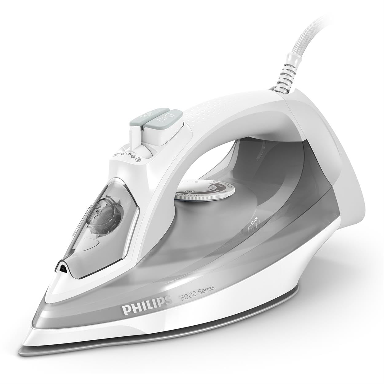 Philips Serie 5000 Plancha de Vapor - 2400W, 40 g/min, Golpe de Vapor 160g, Vapor Vertical, Suela SteamGlide Plus, Blanco/Gris (DST5010/10)