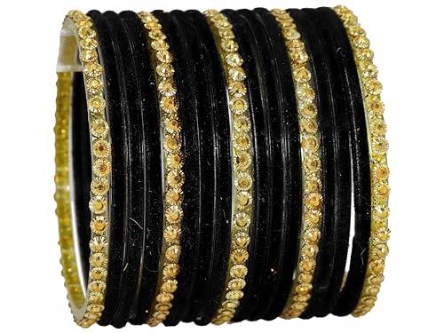 Image of NMII Premium Glass & Golden Beads Velvet Bangle Set For Women and Girls | Velvet Chudi | Traditional Chudi Set | Designer Girl's Bangles Bracelet | Wedding, Party, Festive, Daily- Set of 34