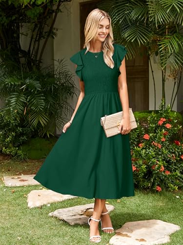 Image of Simplee Womens Striped Midi Summer Dress Linen Smocked Flutter Short Sleeve Dress Flowy Casual Dress with Pockets