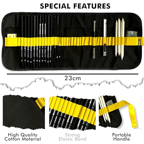 Image of DaKos 22 Pieces Professional Sketching & Drawing Art Tool Kit with Graphite Pencils, Charcoal Pencils, Paper Erasable Pen, Craft Cutter-Lightwish (with Canvas Rolling Pouch)