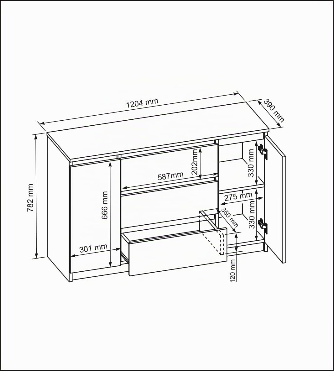 Commode avec 3 tiroirs et 2 Portes de Placard 120 cm Idéale pour Le Salon, la Chambre à Coucher, la Chambre d'enfant et Le Bureau Solution Moderne et élégante pour Un Rangement stylé