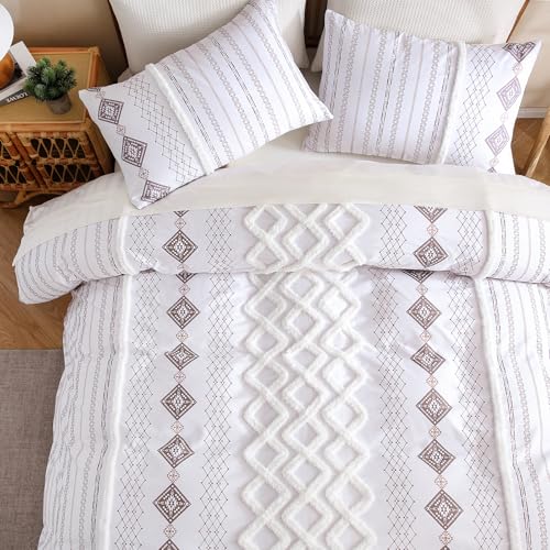 Image of MOVE OVER 100% Cotton Tufted Duvet Cover Set King Light Brown Textured Bedding Set 3 Pieces Modern Neutral Style Chenille Tufting Comforter Cover Set with Matching Pillowcases