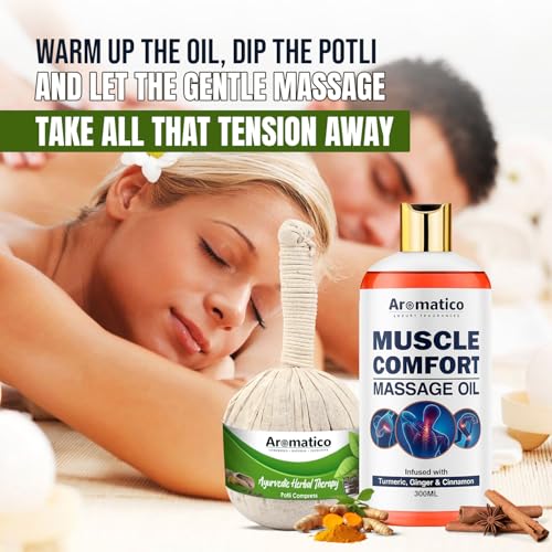 Image of AROMATICO Potli Massage Muscle Comfort Kit. Combo Pack of Muscle Comfort Massage oil (300ml) & Herbal Massage Potli (200gm).