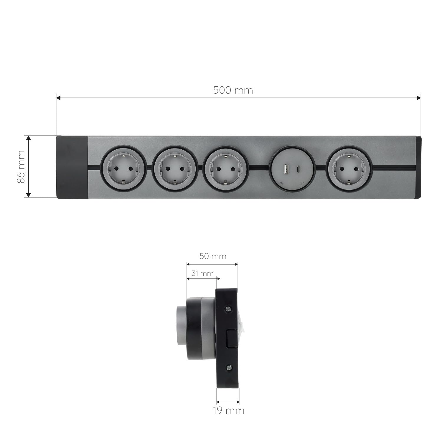 [Garantía Europea] Carril Enchufe Pared, hasta 7 Tomas, Regleta Lineal, raíl Modular, conexión Deslizante, Riel eléctrico, Power Strip, 50cm (4 shucko + 1 USB) — view 7