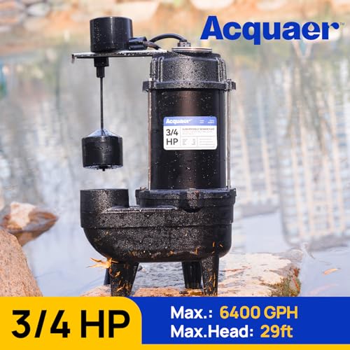 Image of Acquaer 3 /4HP Sewage Pump Submersible, 6400 GPH Cast Iron with Automatic Integrated Vertical Float Switch and Piggyback Plug, 2'' NPT Discharge Basements Pump for Wastewater, Sewer