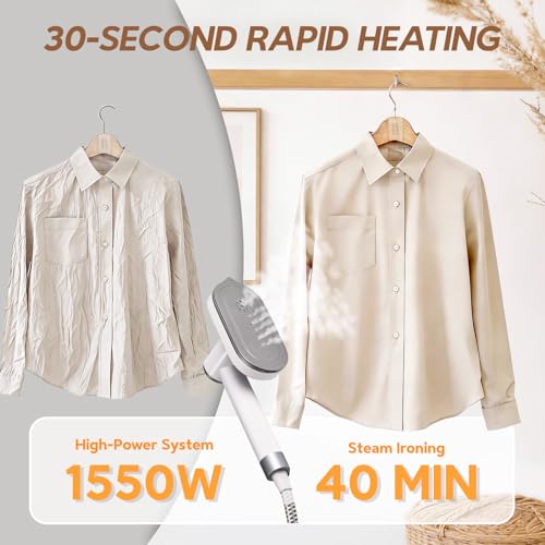 2 In 1 Steamer for Clothes:1550W Powerful Steamer with 1100ml Detachable Tank, 30s Fast Heat-Up, Horizontal & Vertical Use, Portable Wrinkle Remover for Clothes Drapes Bedding (White) image 12