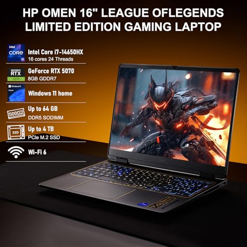 Image of HP OMEN Gaming Laptop, RTX 5070, League of Legends Limited Edition, 16 inch WQXGA IPS 240Hz, Core i7-14650HX, 32GB RAM, 1TB SSD, 4-Zone RGB Backlit KB, HyperX Audio, Win 11 Home, Black