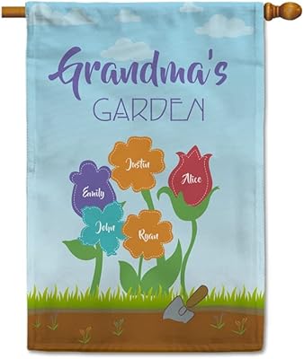 KafePross Personalized Grandma's Garden House Flag with Grandkids Name 28 X 40 Inch Printed Double Sides Mothers Day Gift Custom Grandma's Favorite Children Names, 5 Flowers