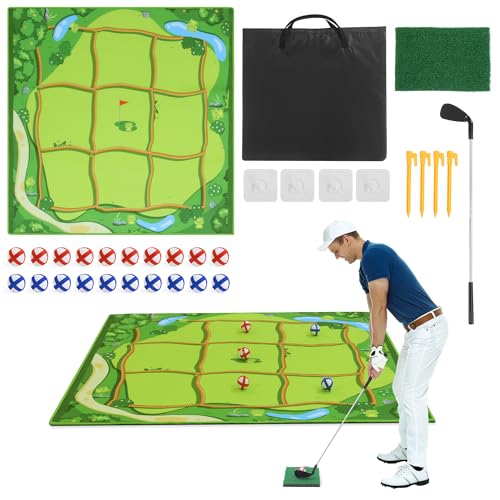 BALAPET 4Ft x 4Ft Golf Tic Tac Toe Game Play Set, Golf Chipping Games for Kids with 20 Sticky Golf Balls, 1 Golf Clubs＆1 Golf Hitting Mats, Golf Training Accessories for Family Yard Game Gift