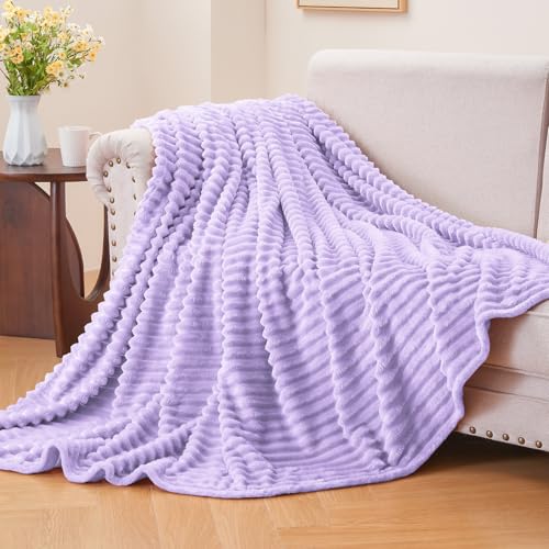 Image of BEDELITE Fleece Throw Blanket for Couch - 3D Ribbed Jacquard Soft and Warm Decorative Fuzzy Blanket - Cozy, Fluffy, Plush Lightweight Pastel Lilac Throw Blankets for Bed, Sofa, 50x60 inches