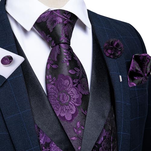 Image of DiBanGu Mens Paisley Suit Vest Silk Jacquard Waistcoat and Necktie Set Formal Shawl Collar Dress Vest 7PCS for Wedding Party