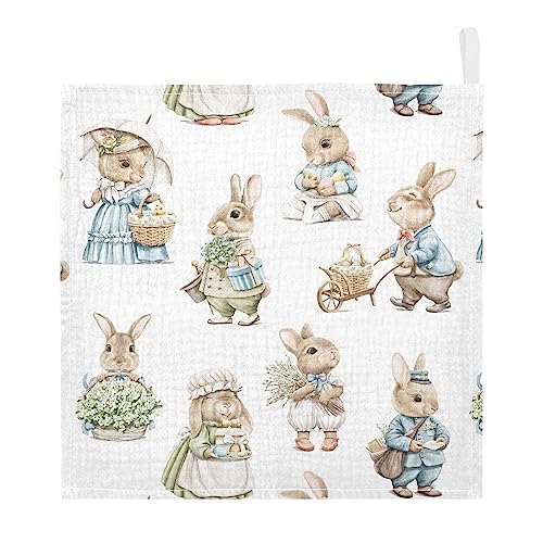 Image of vvfelixl Easter Rabbits Bunny Baby Burp Cloths Baby Muslin Washcloths for Boys Girls Cotton Baby Face Towel for Newborn Infants Soft and Absorbent 11.8 X 11.8 in, 5 Pack