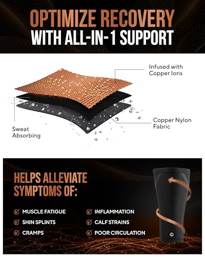 TheraCopper Copper Calf Compression Sleeve — Premium Copper Compression Shin Sleeve for Men & Women — Breathable & Non-Slip Leg Sleeves for Runners, Shin Splints, Muscle Recovery & Leg Fatigue