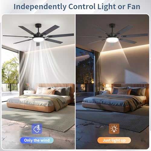 Image of 64 Inch Ceiling Fans with Lights and Remote,Living Room Office Library Cafe Outdoor, 5CCT Dimmable, Dual Color 7 Blades, 6 Speed Reversible Quiet DC Motor, Dual-Layer Shade, Black /Wood Grain
