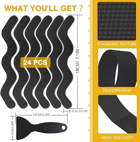 Image of KIMEE Anti Slip Shower Stickers 24 PCS Safety Bathtub Strips Adhesive Decals Scraper for Bath Tub Shower Stairs Ladders Boats