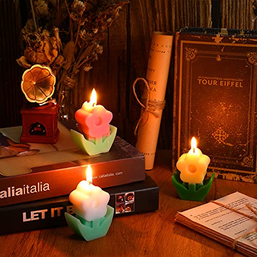 3 Pcs Flower Shaped, Aesthetic, Cool, Cute, Danish Pastel Room Decor Paraffin Soy Funky Scented Candle Bridal Showers For Gift Wedding Party Favors (Pink, White, Yellow) #TOP6