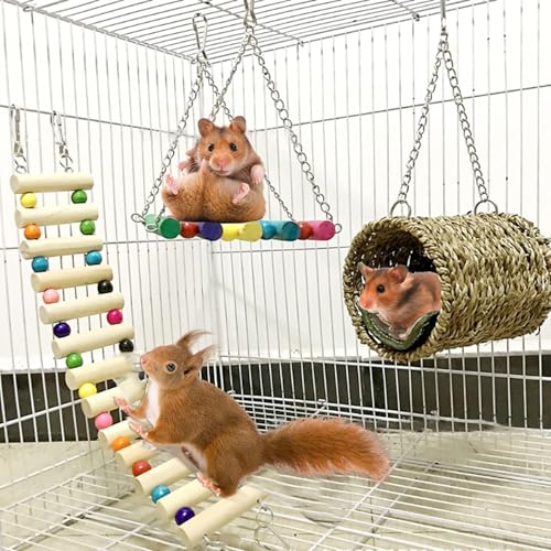 Hamiledyi Hamster Hanging Hammock Basket 3 Piece Wooden Rat Ladder Swing Set Cage Clmbing Toys for Syrian Hamster Sugar Glider Bird Mice Playing Sleeping