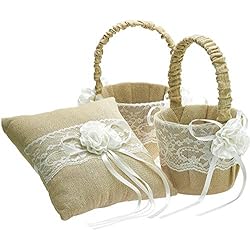 Porta Arras Boda EinsSein 1x Almohada de Anillos Boda Set Flor de Yute 20x20 Grande + 2X Cesta de Flores Porta Bodas alianzas cojin Anillo Cojines Arras Caja Cajas Originales y Cesta niño Raso Rustico Llevar los