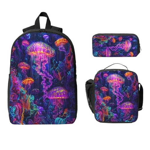 Abstract Neon Jellyfish Art Backpacks 3 Pcs Casual Multifunction Backpack with Fun Graphic Cartoon Print for Camping Touring