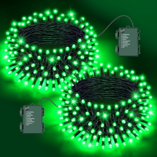 FFZZKJ Halloween Lights Outdoor 8 Modes Total 100 LED with Timer Waterproof 16.4Ft*2 50LED*2 Fairy Lights Battery Operated for Halloween Decorations Green