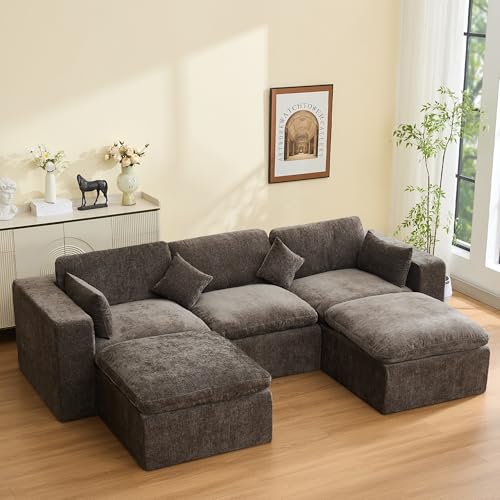 Image of 115'' Cloud Boneless Sectional Couch, Modular Sectional Sofa Deep Seat with 2 Ottomans, Oversized Upholstered Convertible Comfy 5 Seater Chenille Sofa U Shape Couches for Living Room, Brown