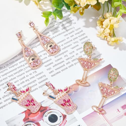 NATTASOUL 3 Pairs Champagne & Martini Glass Earrings Dangling Novelty Colorful Handmade Wine Glass Alcohol Goblet Beach Holiday Earrings Gifts Drink Studs Dangling Set Pack for Women Party Birthday Gift 7