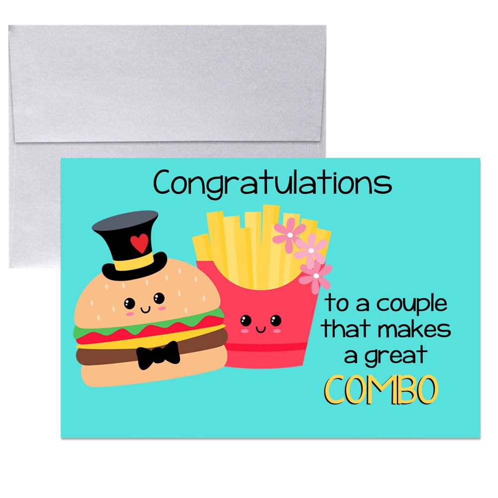 Funny Wedding Card for Newlyweds – Great Combo Silly Burger & Fries Themed Greeting for Bride and Groom Wedding Day- Congratulations to the Happy Couple 4X6 inch Card with Silver Envelope Included